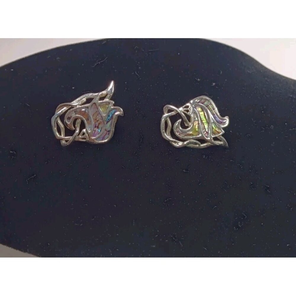 Vintage Dari Modernist Silver Toned Abalone Inlay Earrings Signed